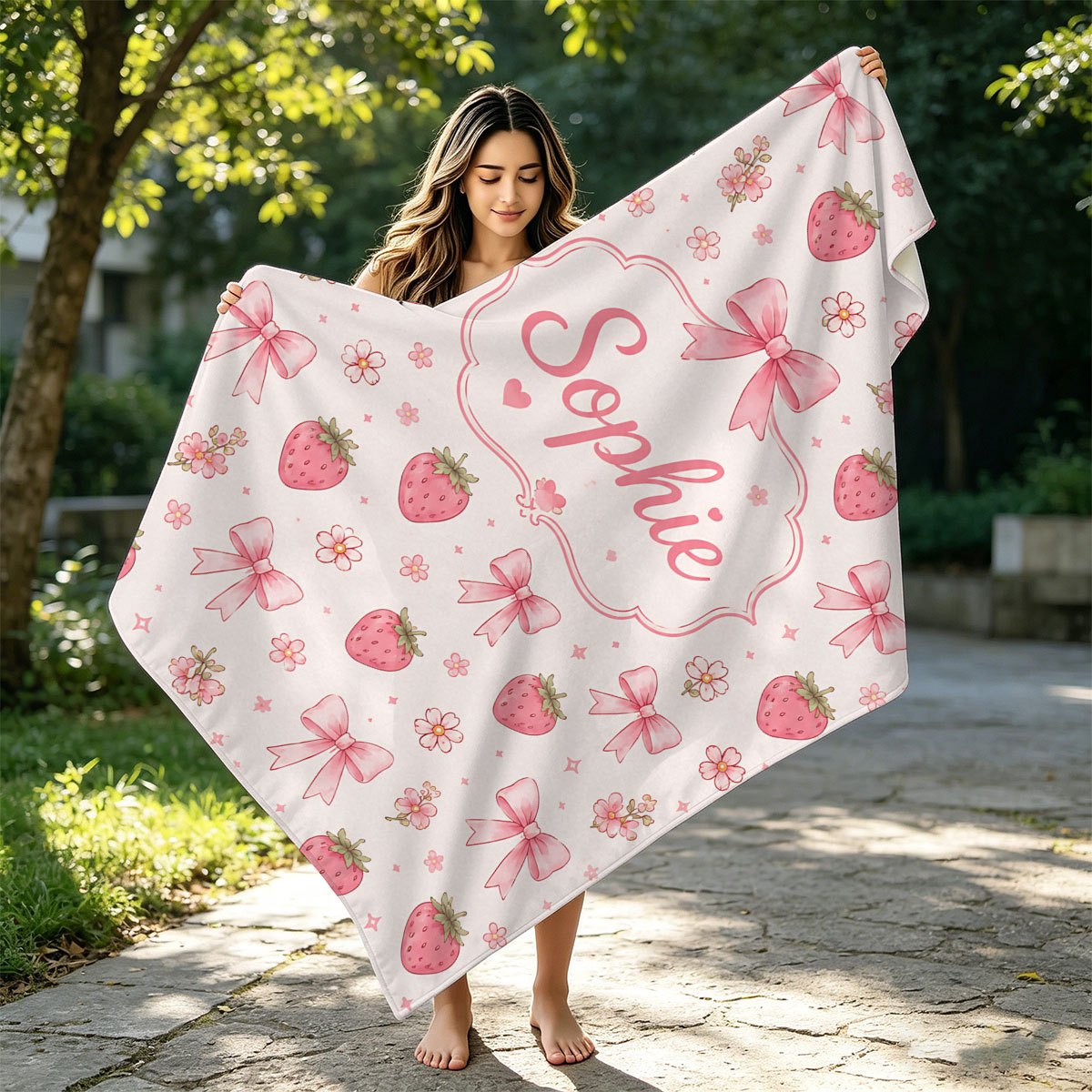 Custom Name Pink Strawberry Floral Pattern Flannel Blanket