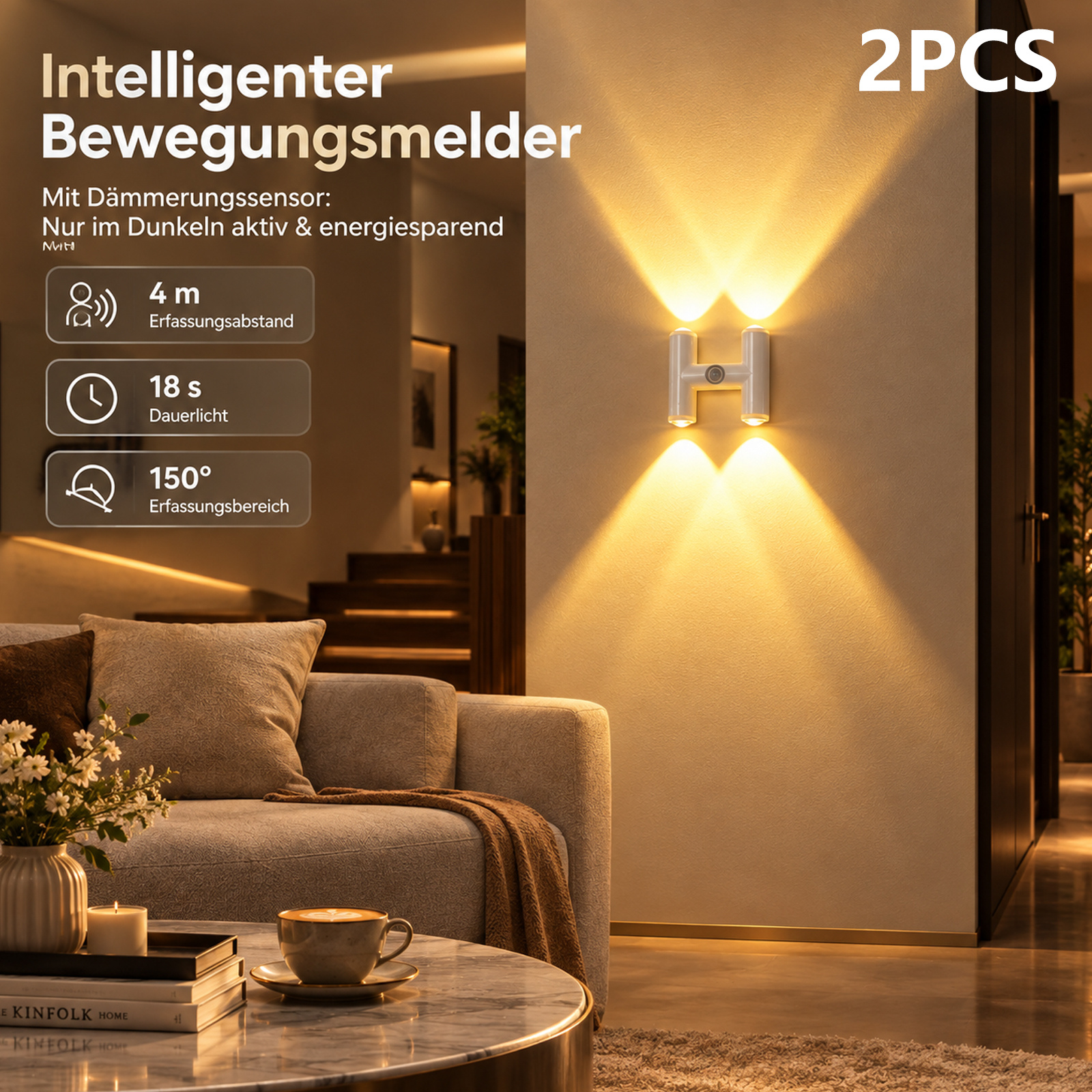 TEMU 2-pack Led Wall Lights, Up And Down Lighting 4-ledpcs Motion Sensor Wall Lamps, Wireless Charging Night Lights, Suitable For Bedroom, Hallway,
