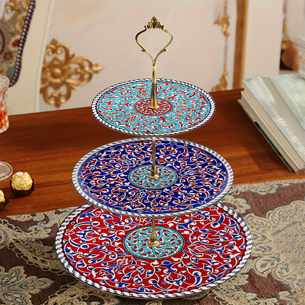 1pc 3-Layer Wooden Display And Serving Tray with Turkish Islamic Art Style Design Patterns, Perfect for Wedding, Birthday, Easter, Thanksgiving, Valentine'S Day, Mother'S Day, Independence Day, Eid Al-Fitr, Christmas