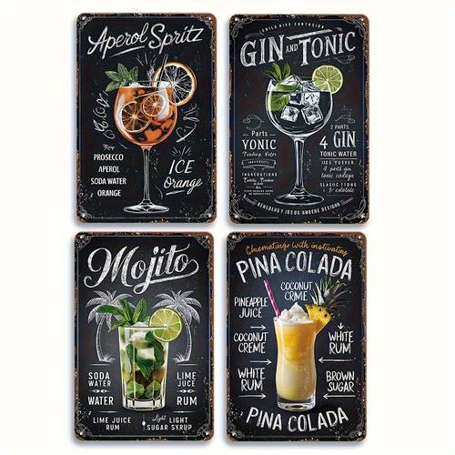 4pcs Vintage Cocktail Recipe Metal Tin Signs - 8 Classic Cocktail Schemes, Durable Iron 20.32x30.48 cm, Easy Wall Hanging for Home Bar Kitchen Decor, Perfect Gift for Bartenders and Home Cocktail Enthusiasts, Handcrafted Style, for Bar Owners