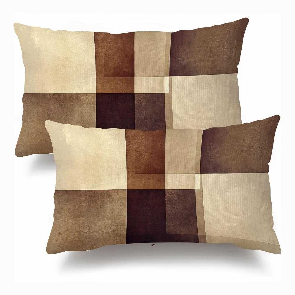TEMU 2d Flat 2pcs Geometric Color-block Pillowcase Set, Covers, Suitable For Living Room, Bedroom, And Outdoor Sofa Decoration, Zipper Closure, Home