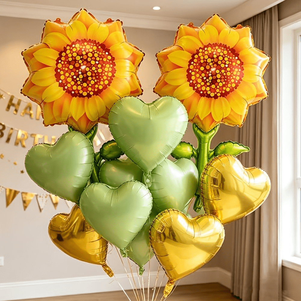 TEMU 12pcs Set, Including Sunflower Foil Balloons, -shaped Foil Balloons, Olive Green Heart-shaped Foil Balloons, White Ribbons, And A Balloon Pump;