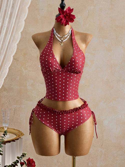 polka dot halter v neck waisted two piece swimsuit set womens summer style retro y2k outfit seaside vacation and spa occasions fit versatile two piece set