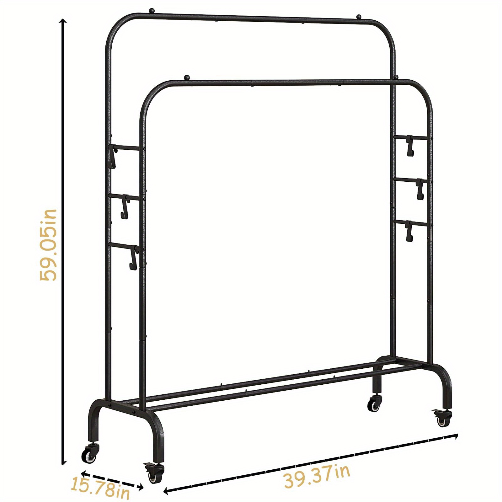   iron double rods garment rack with wheels freestanding multi functional clothing organizer portable clothes hanger with 4 hooks with no electricity required for closet storage details 0