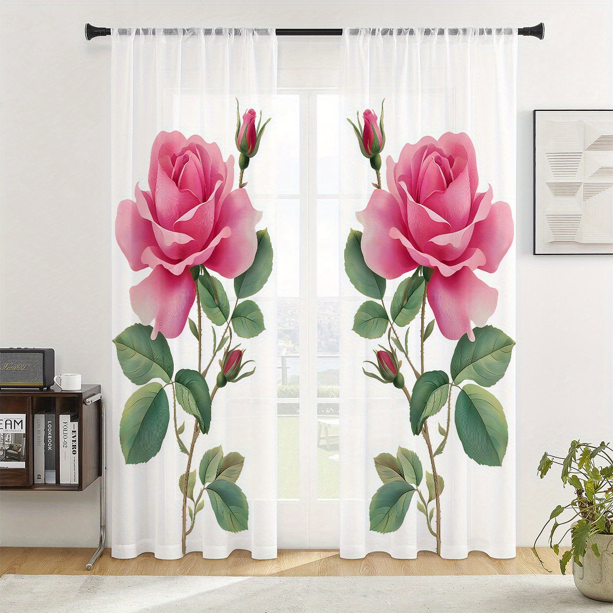TEMU 2pcs Semi-transparent Curtains, Holiday, Gift, Wedding Decoration Window Drapery, Elegant Pink Rose Print Sheer Window Curtains, Pastoral Fresh