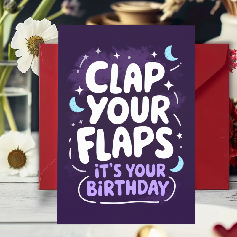 1pc birthday card purple background hand painted moon and star pattern with clap your flaps its your birthday text suitable for birthday celebration party gift