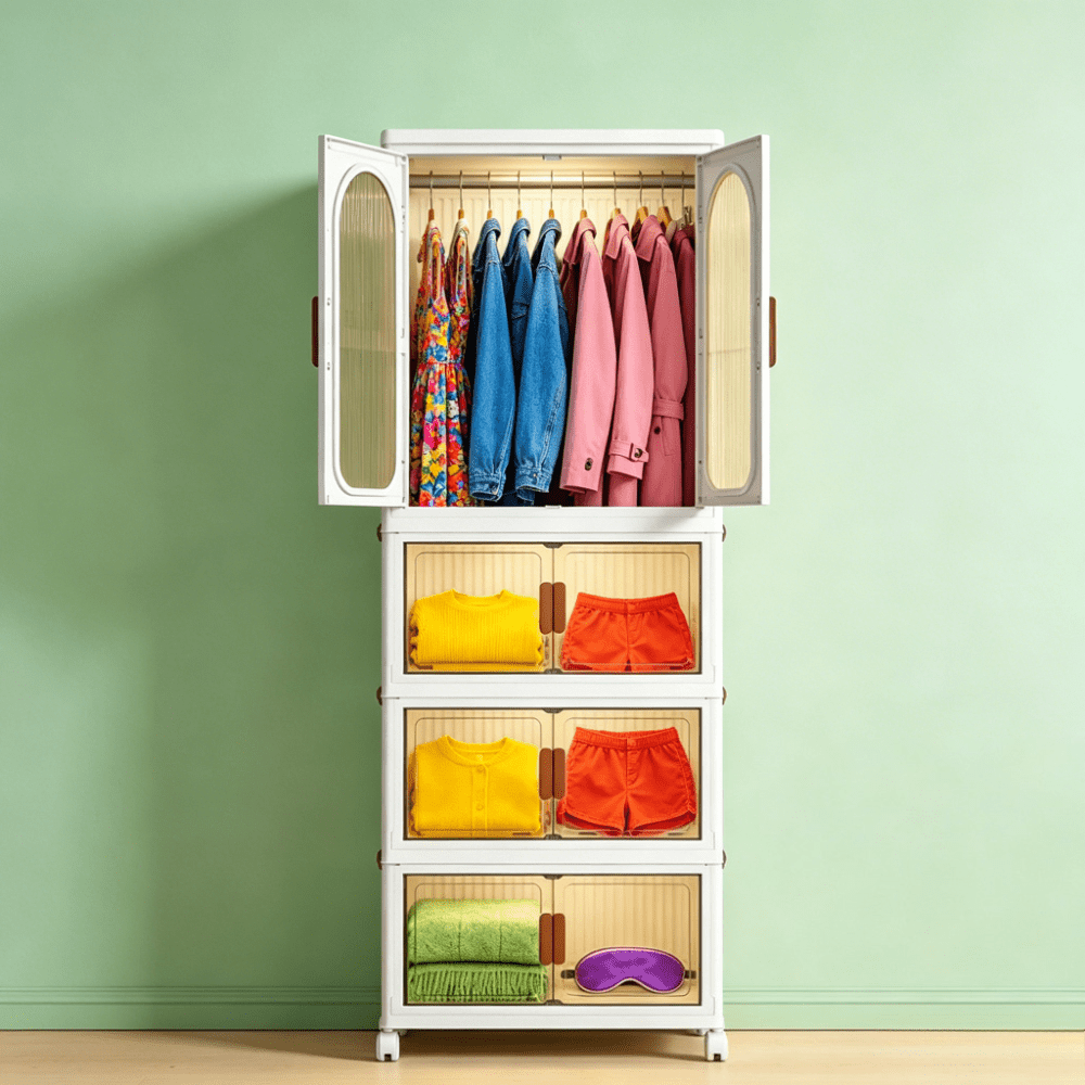 68cm Wide Foldable And Stackable Wardrobe, Movable Storage Wardrobe With Rollers, Transparent Dust-proof Door, In 3 Sizes Of 2/3/4 Layers, Suitable For Bedrooms, Dormitories, , Storage Drawer Units