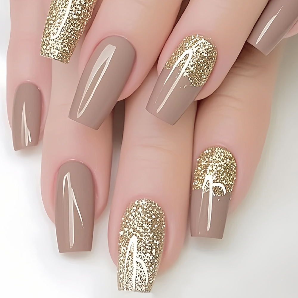 TEMU 24pcs Medium Ballet Minimalist High-end Glossy Fake Nails In Light Brown With Glitter Gradient Press-on Nails For Parties, Daily Wear, And Home