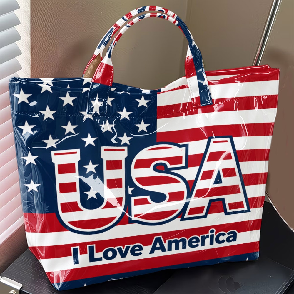 1pc American Stripe Usa Letter Glossy Pvc Tote Bag, Vintage Flag Slogan Print, Large Hand Carry Bag For Outdoor Travel , Store Cosmetics Books Essentials, Handbag With Short Handle