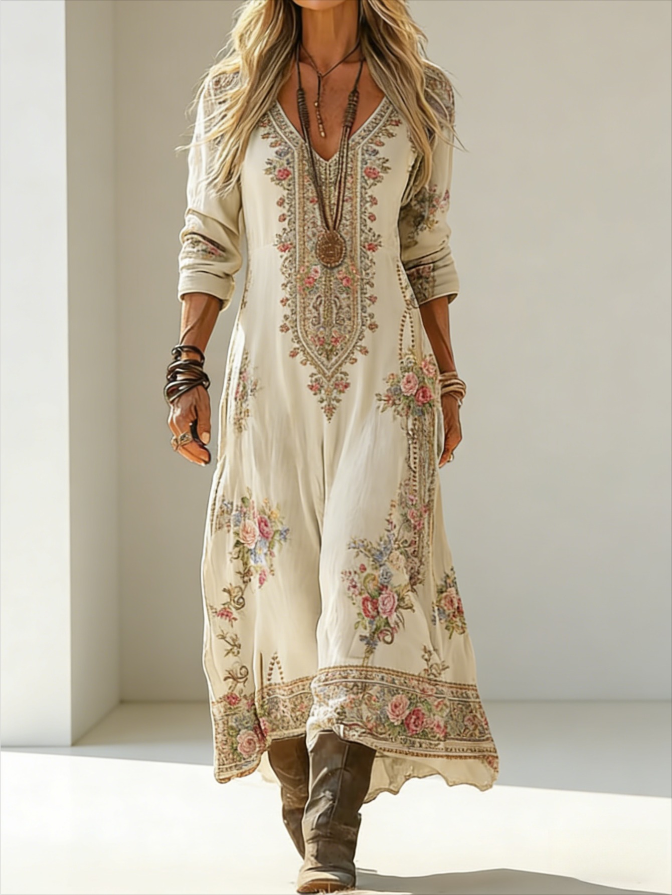 beyonce green dress video FLORAL MAXI DRESS WITH DEEP NECKLINE, DEFINED WAIST AND BOHO ELEGANCE –  Loopy Wear main image 1