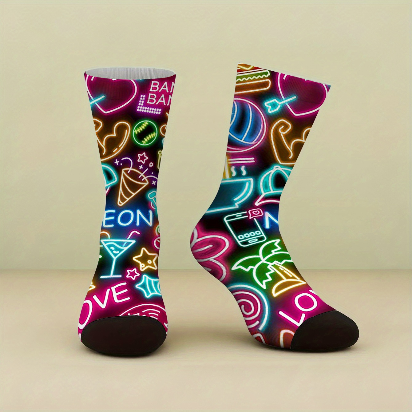 1 Pair Funny Men Women Mid-calf Socks, Multicolor Neon Glow Pattern Decor, Seamless , Soft And Comfortable, Casual Comfortable Wear, Durable Sock Material
