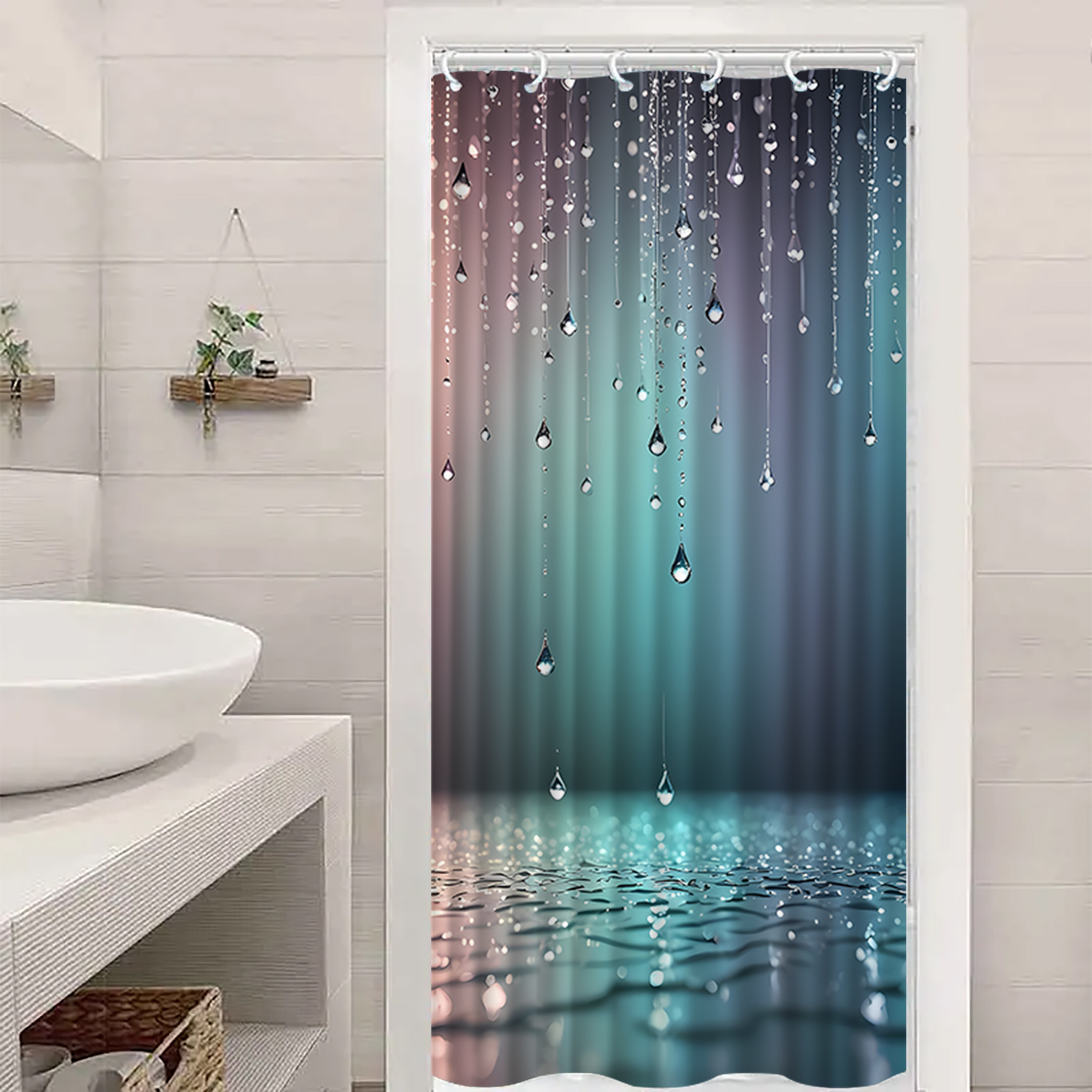 Raindrop Pattern Printed Shower Curtain with Hooks