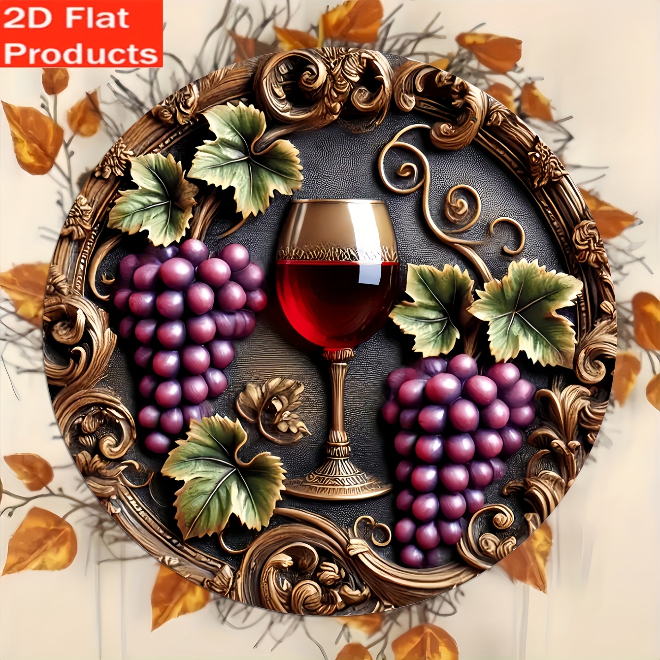 TEMU 2d Flat, 2d Flat Decorative Plaque And Ornament - 1pc Vintage Wine And Vine Wall Decor Plaque - Round Wooden Decorative Plaque With Red Grapes