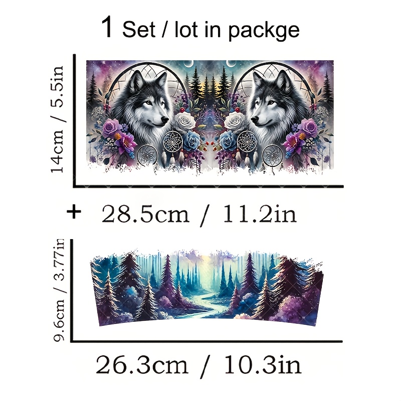 TEMU 2pcs Gray Wolf Bohemian Style Moon Design Uv Dtf Transfer Paper, Suitable For 40oz Glass Transfer- Waterproof And Scratch-resistant, Decoration
