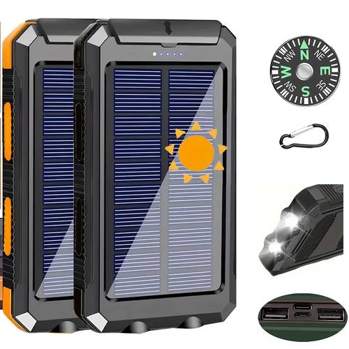 20000mah portable solar power bank portable solar mobile phone charger camping external battery charger for mobile phones 2 usb led flashlights with compass for outdoor activities