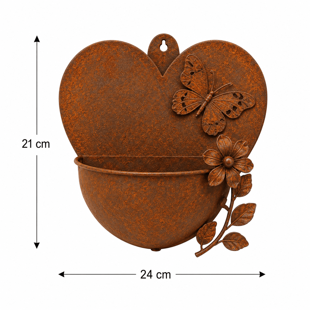 Image of Vintage Heart Metal Wall Planter, Hanging Flower Pot With , Flower And Leaf Accents, Outdoor Plant Holder For Garden Wall, Fence, Patio, Balcony, And Porch Decor