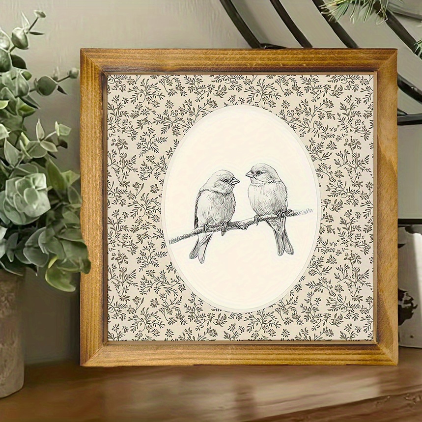 20.32x20.32cm Rustic Wooden Framed Wall Art With Birds Illustration - Perfect For Living Room, Kitchen, Bedroom, Bathroom Decor - Ideal Gift, Bird Decor