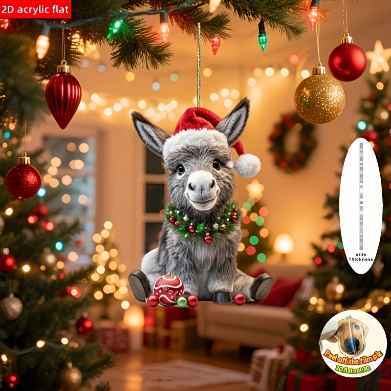 TEMU 2d Flat, 1pc 1pcs Cute Donkey Christmas Ornament With Santa Hat - Mini Acrylic Hanging Decoration Suitable For Tree Display, Miniature Cottage