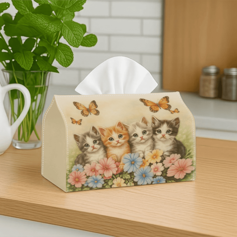TEMU 1pc 2d Flat Tissue Box With Kitten, Flower, And Design, Durable Art Tissue Box, Ideal For Decorative Storage, Suitable For Home Decor , Living