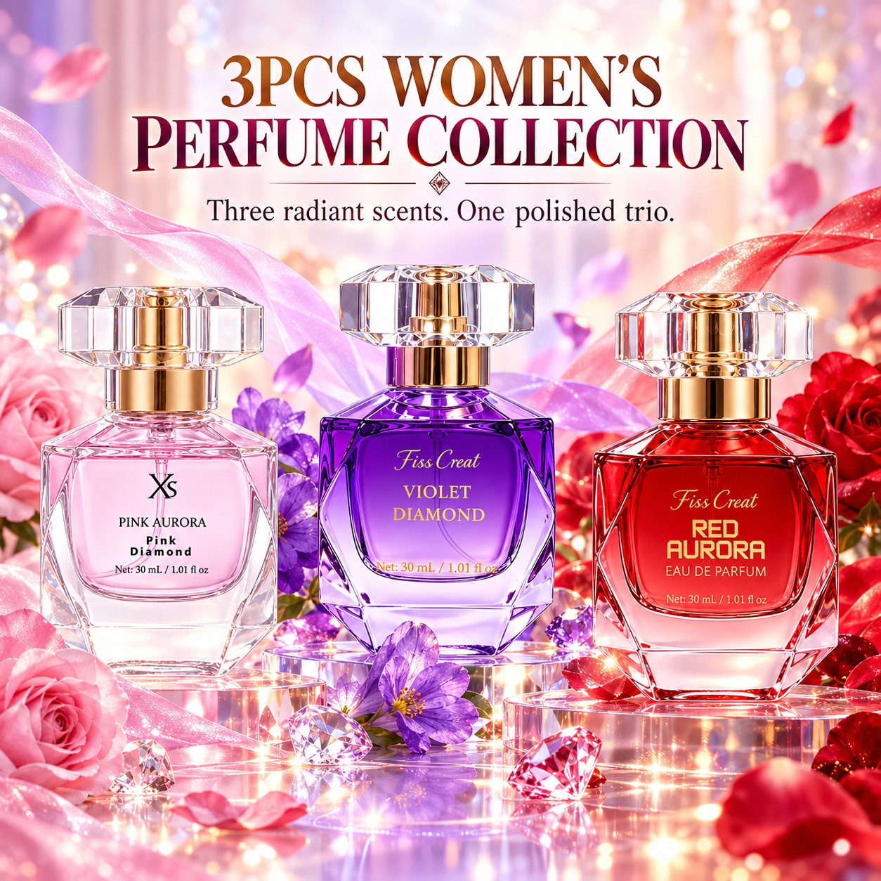 TEMU 3pcs Women's Perfume Set, -cut Glass Bottle With Eau De Parfum Trio, Long Lasting Floral Feminine Fragrance For Daily Wear& Date Nights, Ideal
