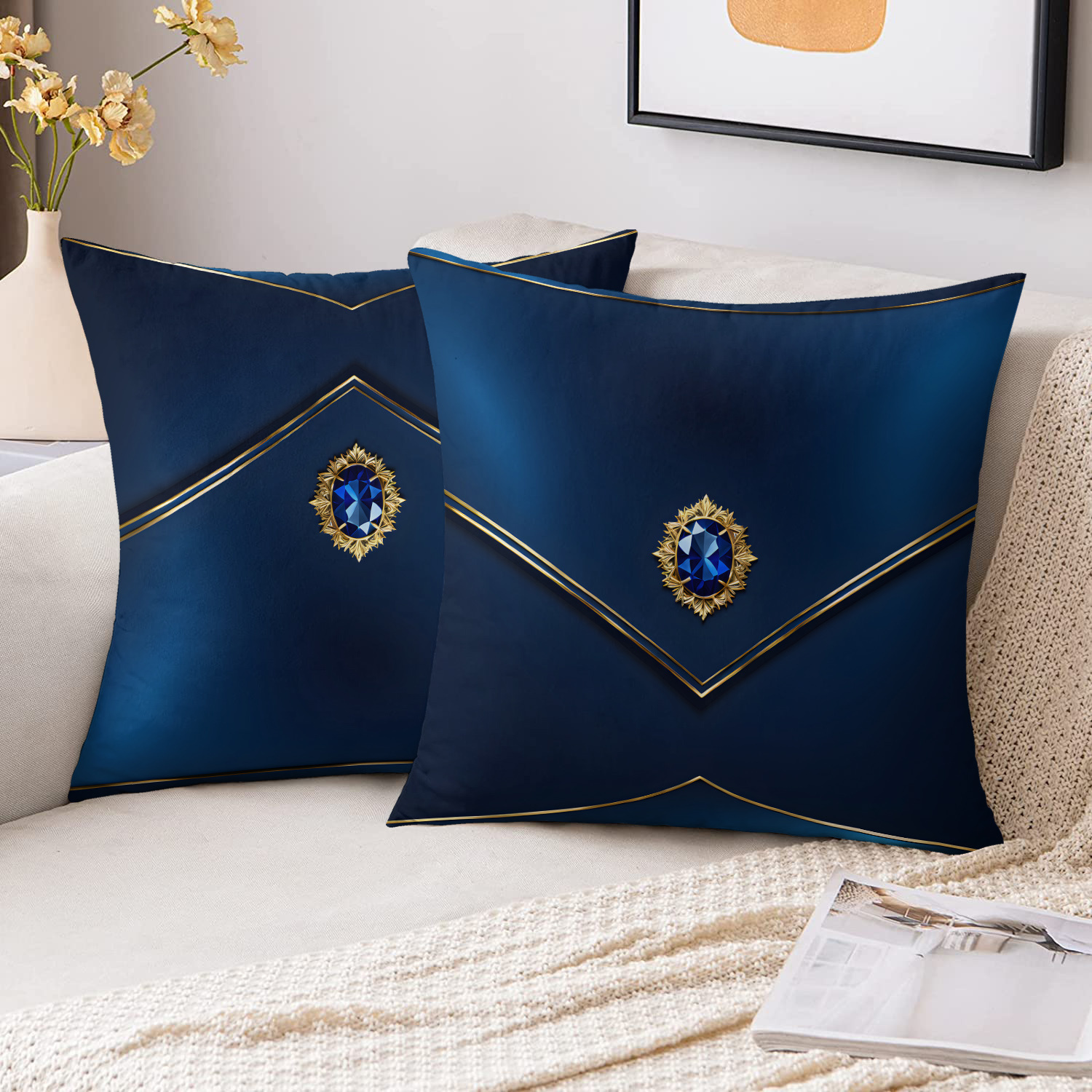 TEMU Set Of 2 Contemporary Art Covers, Measuring 18x18 Inches, Featuring A Color With Golden Highlights And Sapphire Decorations, Printed On Sides,