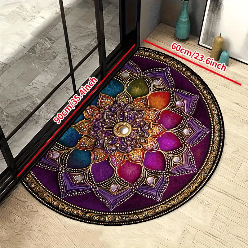 E-shop Hochwertige, bequeme leichte halbrunde Bodenmatte – Mandala-Muster Fußmatte, Gold/ Grün – Waschbare Bodenmatte für drinnen draußen, geeignet