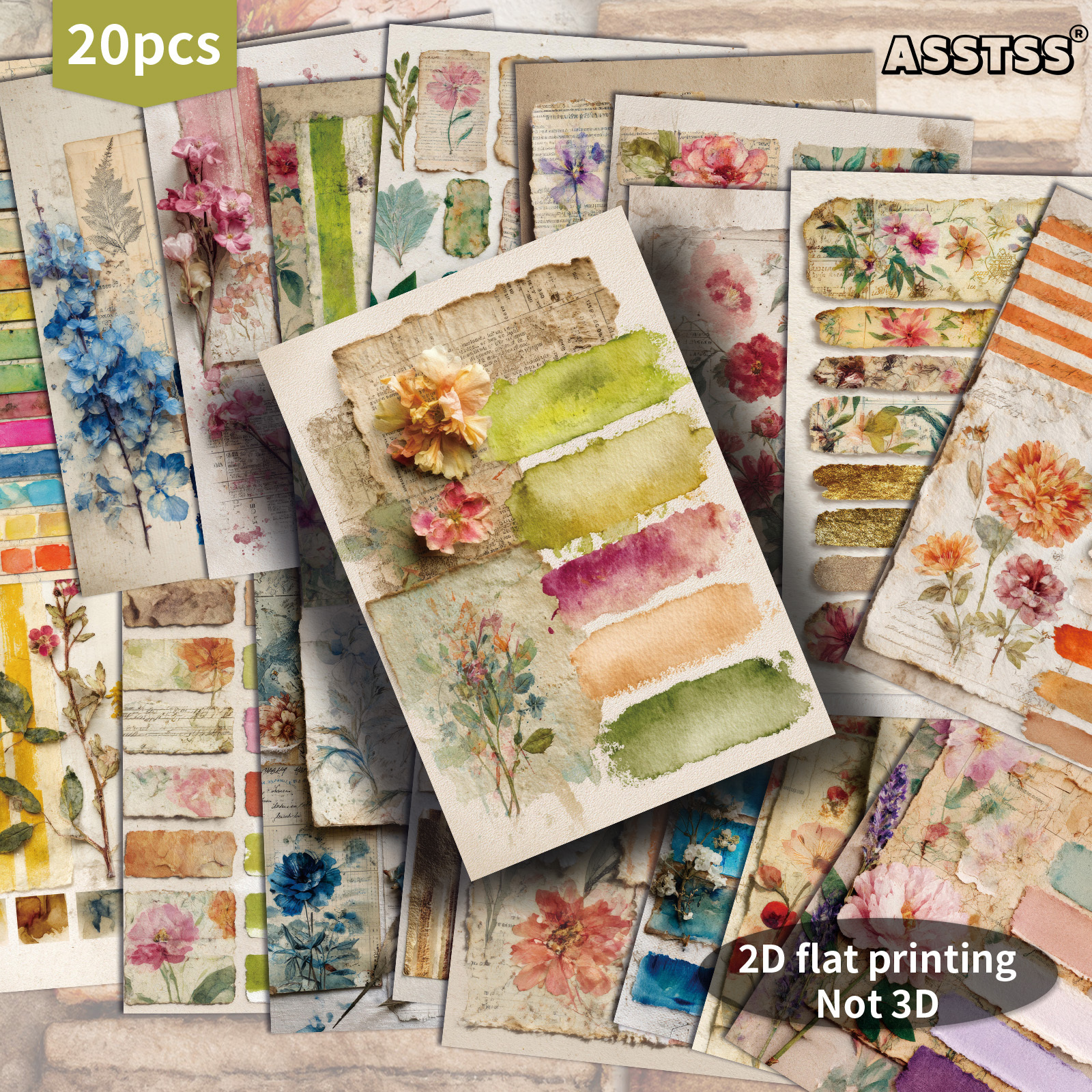 TEMU Lot de 20 cartes postales ASSTSS Vintage Palette Flower Series Plane/2D - 4X6 pouces, fournitures de journal rétro, illustrations classiques,
