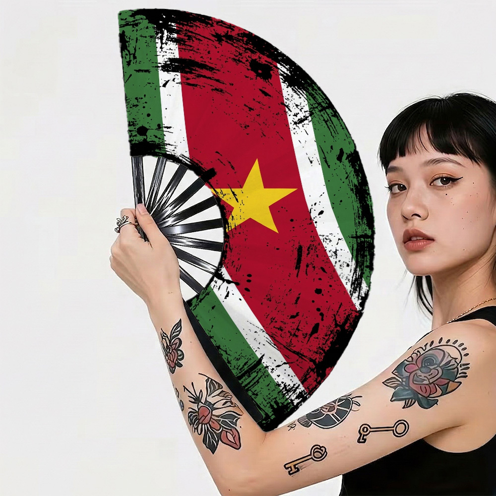 TEMU 1pc Surinamese National Folding Hand Fan Grunge Star Motif Portable Handheld Cooling Fan For , Durable Plastic Fan For Music Festivals, Raves,
