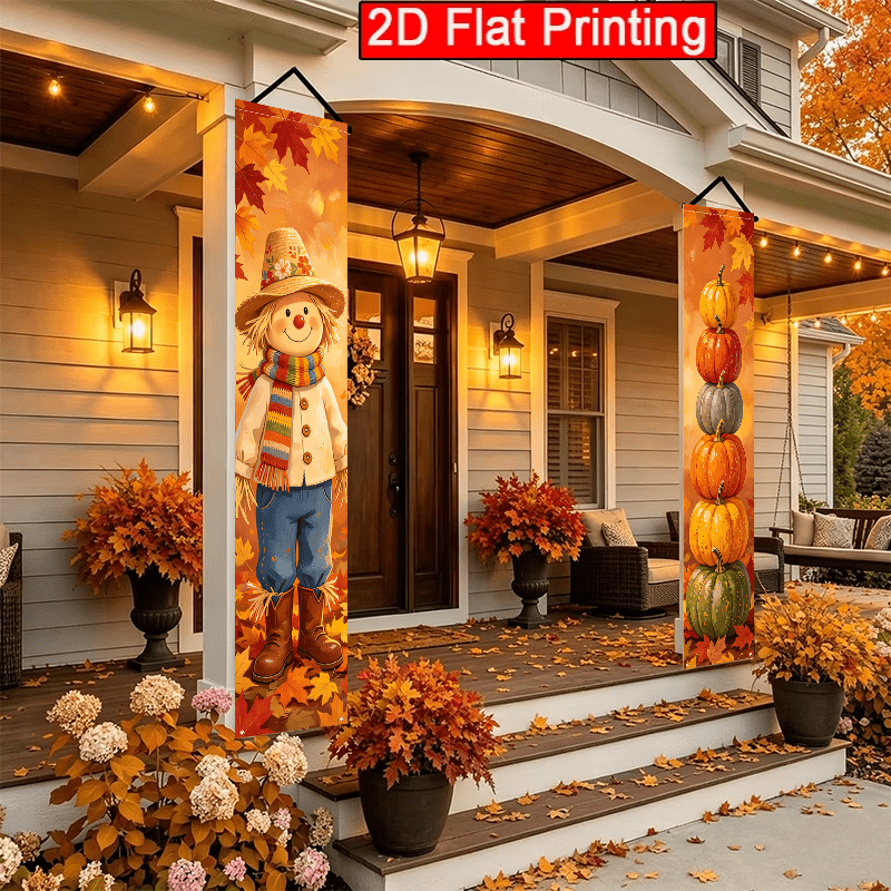 TEMU 2d Flat, 2pc2d Flat Autumn Themed Porch Banner, 12x70.8 Inch Polyester Door Couplet, Cartoon Design, Suitable For Thanksgiving Outdoor Yard Flag