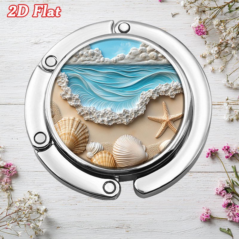 TEMU 2d Flat - 1pc 2d Flat Creative Portable Metal Round Folding Hook Featuring Seashells Starfish And Waves Perfect For Hanging Bags At The Office