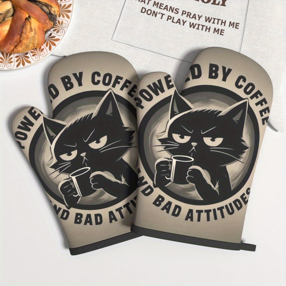 TEMU 2pcs 10.6*6.7 Inch Oven Mitts Funny Slogan Coffee Heat Resistant Kitchen Oven Gloves Suitable For Cooking, Home Oven, Baking, Bbq, Grilling,