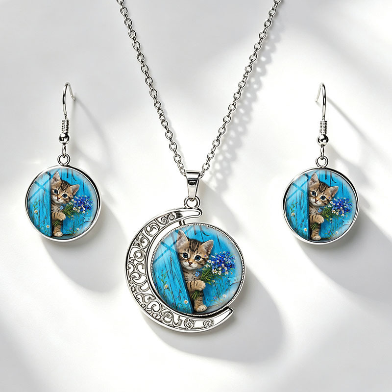 TEMU Parure de 3 pièces de bijoux chat tigré et fleurs , collier et boucles d'oreilles avec en verre, convient aux hommes et aux femmes, pendentif