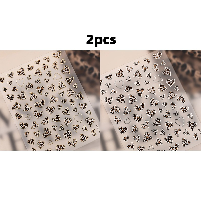 Image of 2pcs Golden + Silvery Vintage Leopard Print Heart Nail Stickers, Stickers, Leopard Print Metallic Nail Decor, Diy Press-on Nail Patches, Nail Art Accessories