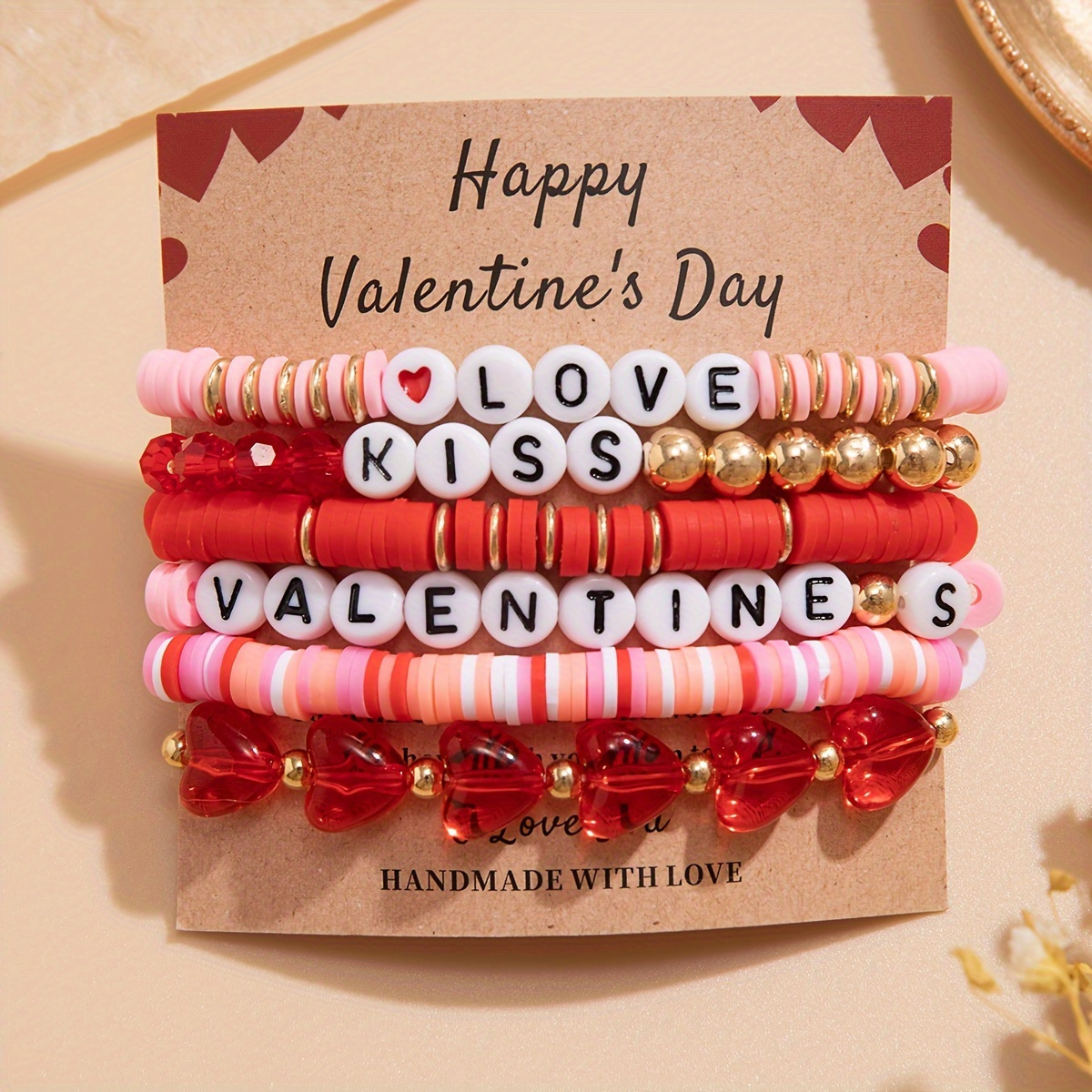 

6pcs Set Valentine's Day Soft Brickearth Beads Bracelet Suit-bohemian Style Love Heart & Letter Pendant For Lovers & Casual Decoration
