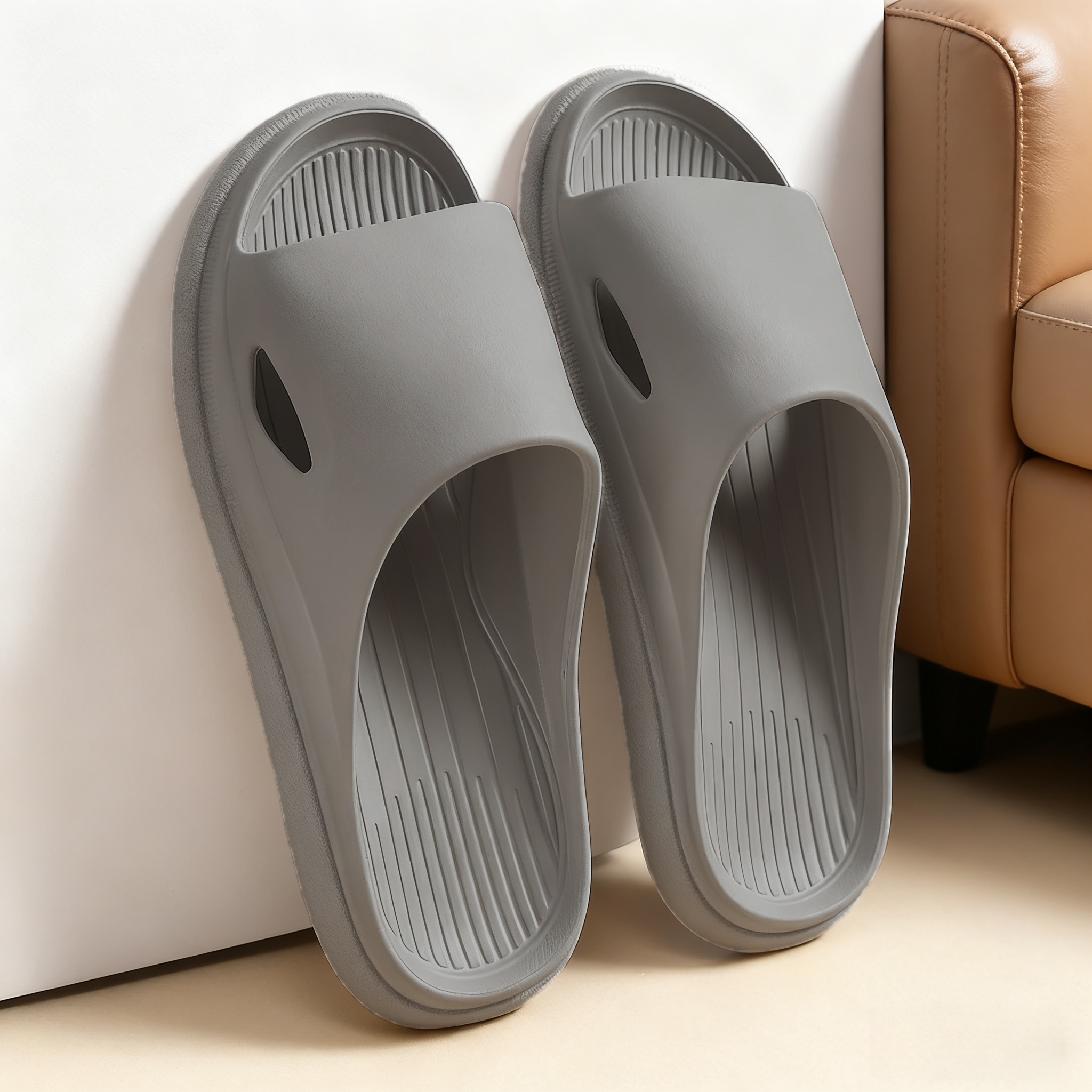 TEMU Bilateral Hollow Vertical Stripe Home Slippers, Sole Full Vertical Stripe Matte Integrated Round Thickened High-elastic Thick Sole Slippers,