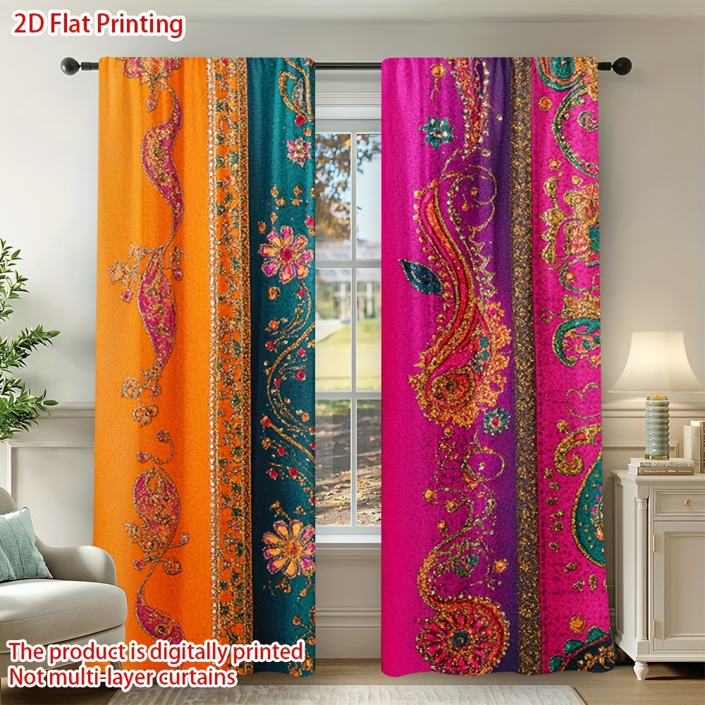 TEMU 2d Flat - 2pcs 2d Flat Print Room Curtains, 2d Flat, 2pcs Printed Bohemian Colorful Curtains With Rod Ideal For Art Spaces, Bathroom, Cafe,