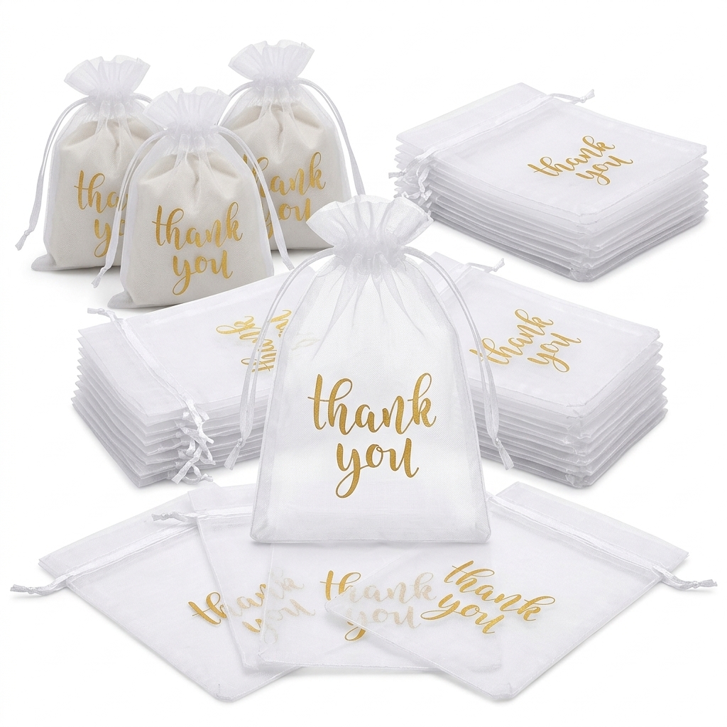 TEMU 24pcs Sheer Organza Gift Bags Drawstring Favor Pouches With Golden Thank , Translucent Mesh Jewelry Packaging Storage Sacks For Wedding