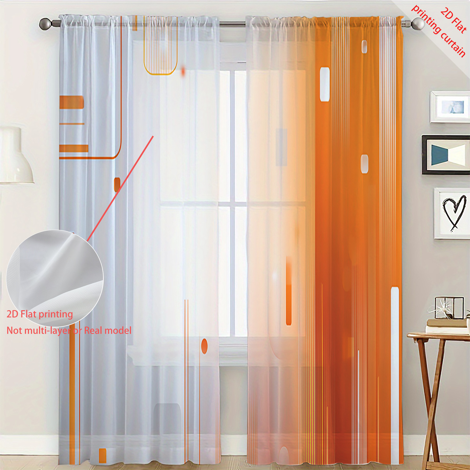 TEMU 2d Flat, 2pcs 2d Flat Printed Geometric Line Gradient Orange Decor Sheer Curtains, Simple Artistic Style Flowing Window , Suitable For Kitchen,