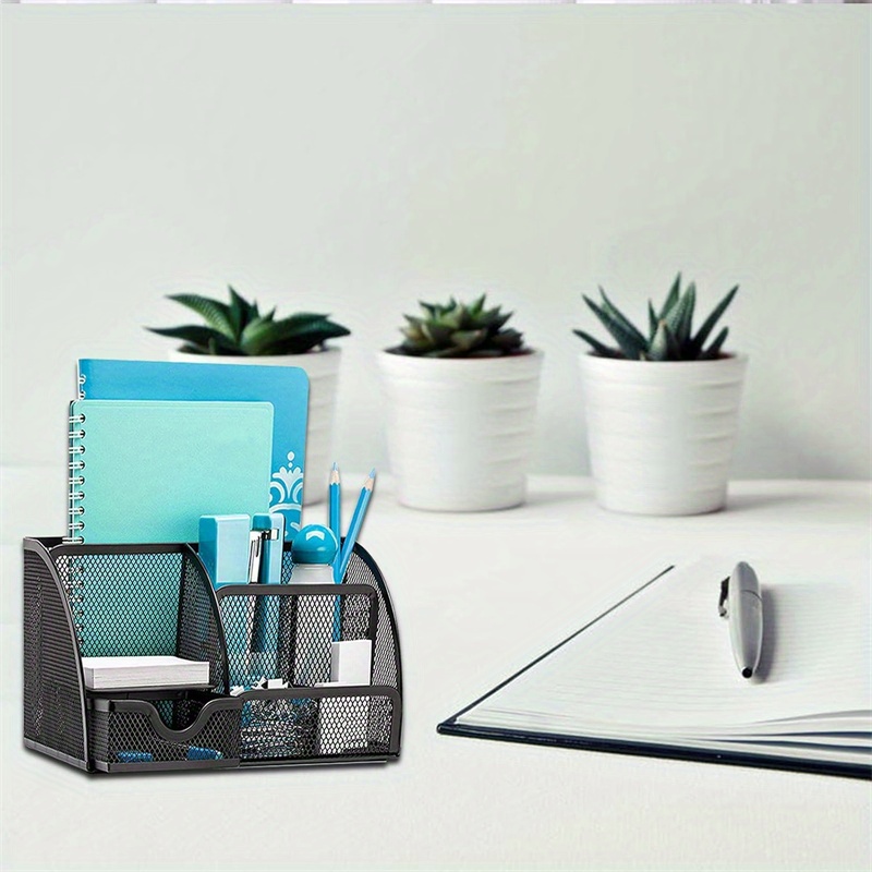 TEMU Desk Organizer | Metal Desk Organizer | Holder | Desk Organizer With Mesh Note Holder | Home Office Storage Compartment | Black
