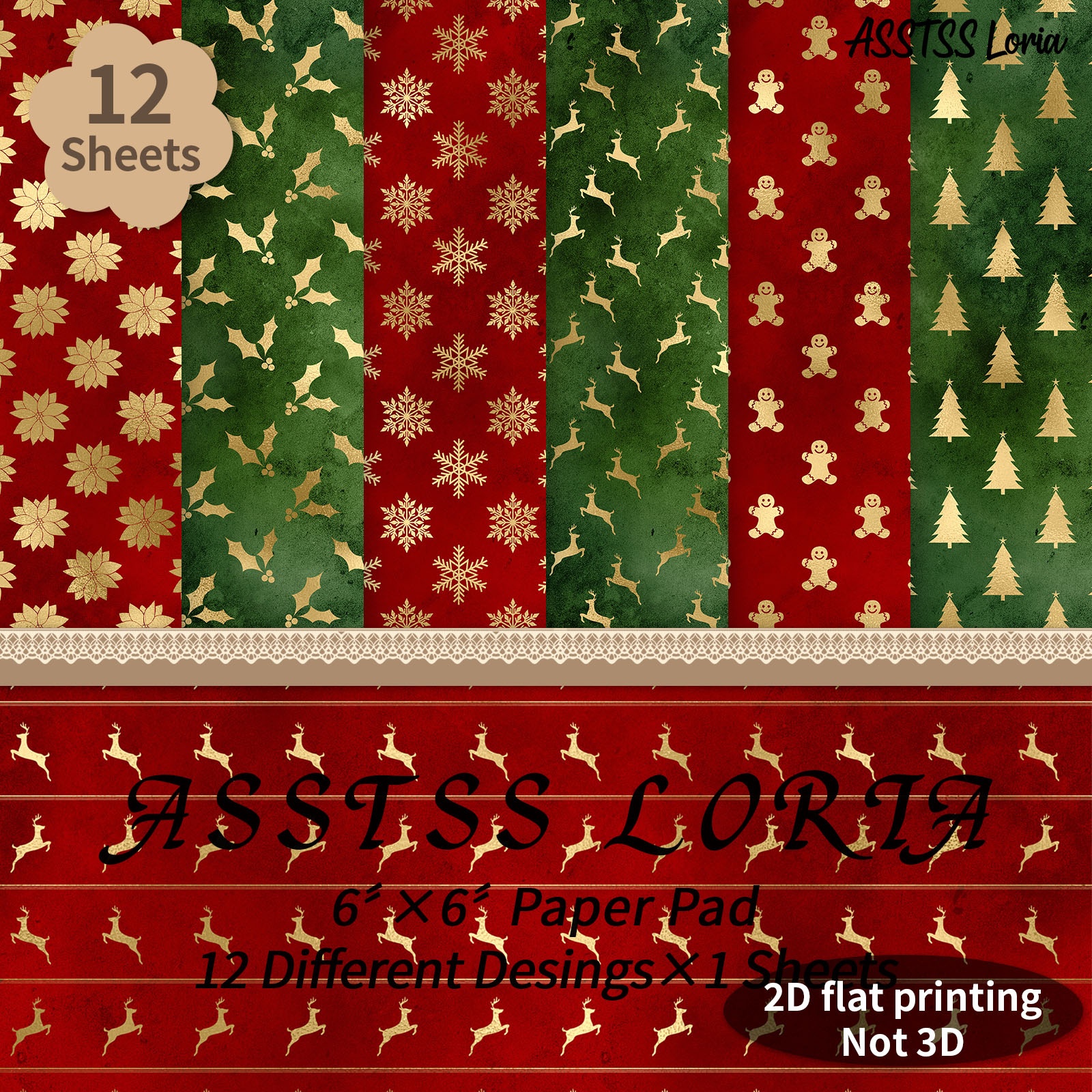 TEMU 12-sheet Asstss Loria 6*6inch Scrapbooking Paper Pad, Golden Christmas Plane/2d Backing Paper Supplies, Heavyweight Cardstock For Journaling,