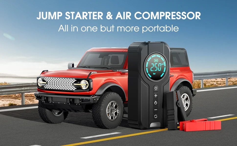 1000a portable car jump starter with air compressor 150psi tire inflator 14 8v jump box battery booster with   fixture charger 3 emergency lights   usb type   portable power supply car jump starter details 0