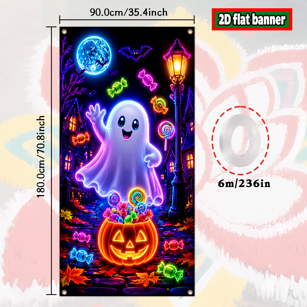 TEMU 2d Flat, 2d Flat - 2d Door Banner 2d Flat, 2d Flat - 2d Door Banner 2d Flat Banner, 1pc, Uv Fluorescent Halloween-themed Door Banner, Polyester,