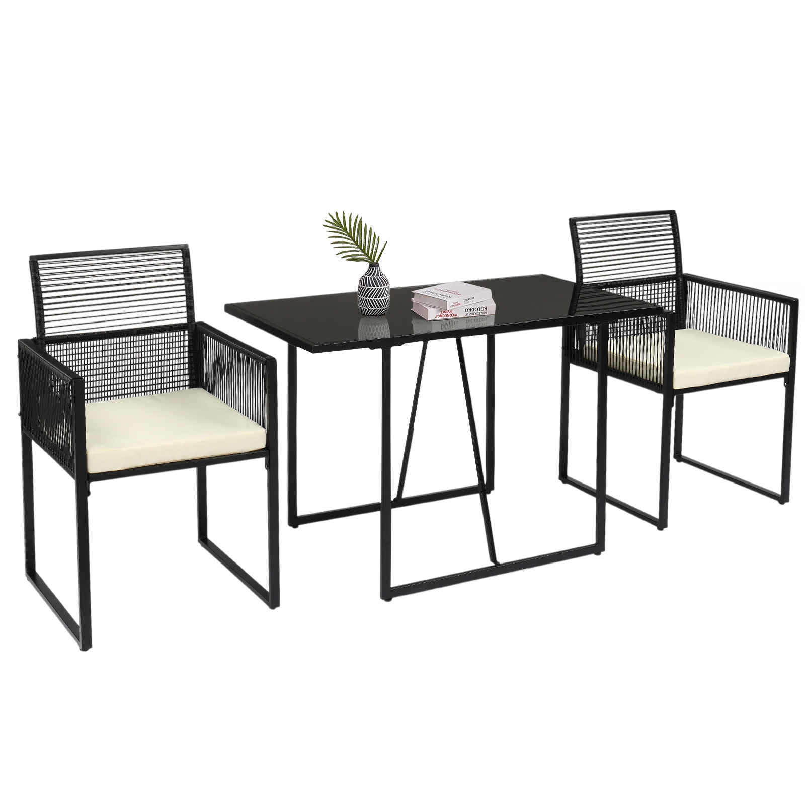 2pcs Chairs+1pc Table Woven Backrest Foldable Black Round Rattan Woven Rattan 3 Piece Set