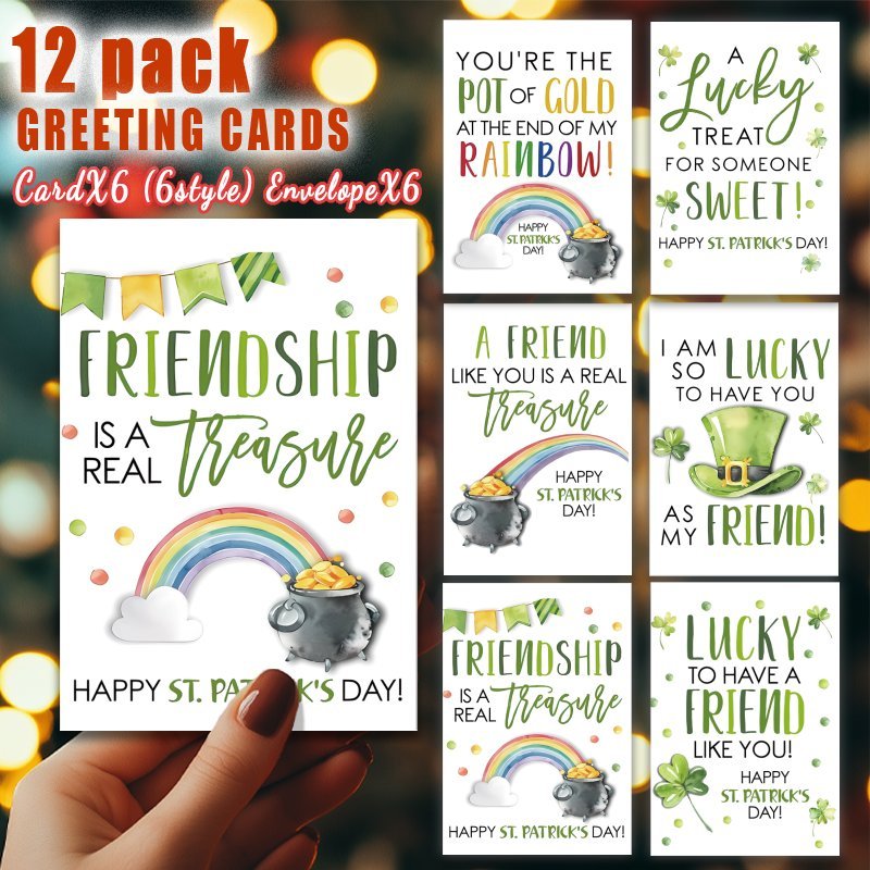 

12-pack 's Day Greeting Cards, Retro Clover Design, Irish Themed, Family, Friends, And Colleagues, Assorted Messages, Paper