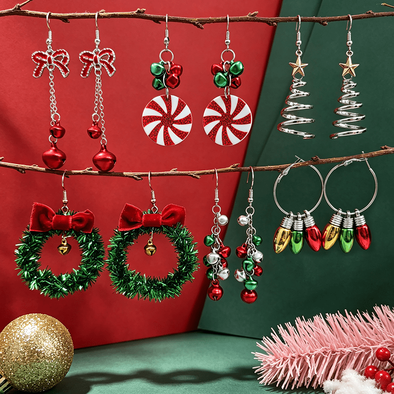 TEMU 6 Pairs Of Creative Christmas Silvery Threaded Christmas Tree Earrings With Colorful Bells, Green Wreath, -yellow Light Bulbs, Red Bow Earring
