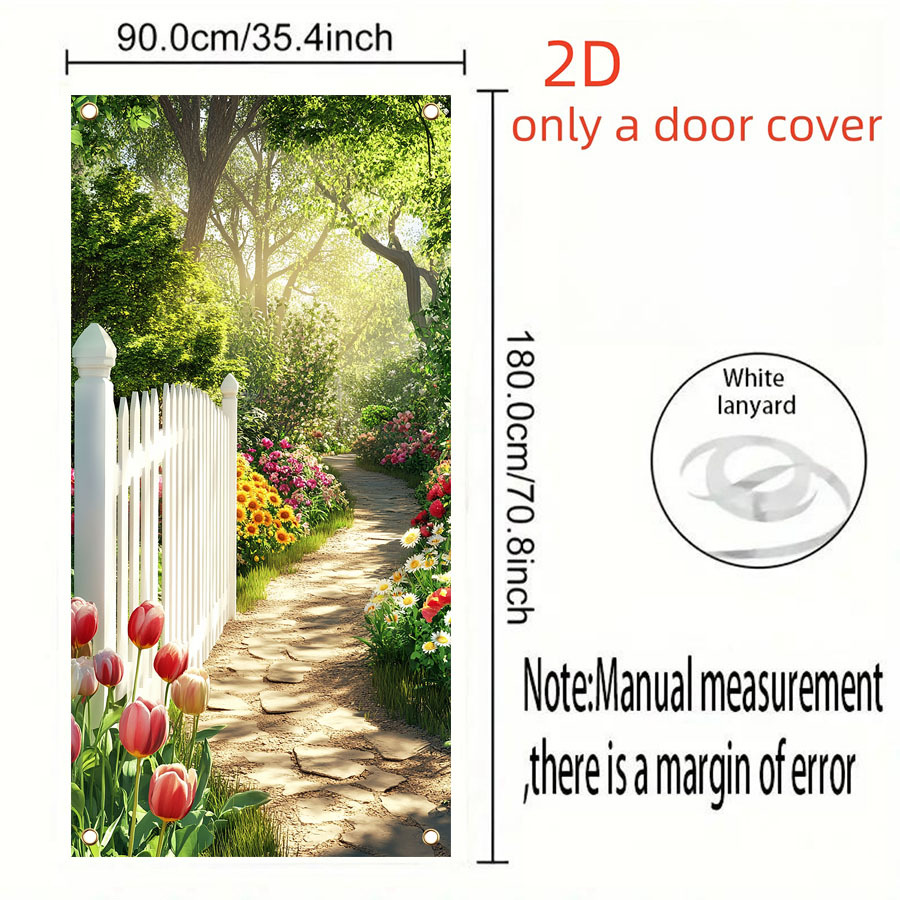 TEMU 2d Door Banner Door Cover 1pc, 2d Flat Spring Summer Garden Background Theme Door Cover, Door Curtain Decoration Banner, Trees Flowers Door