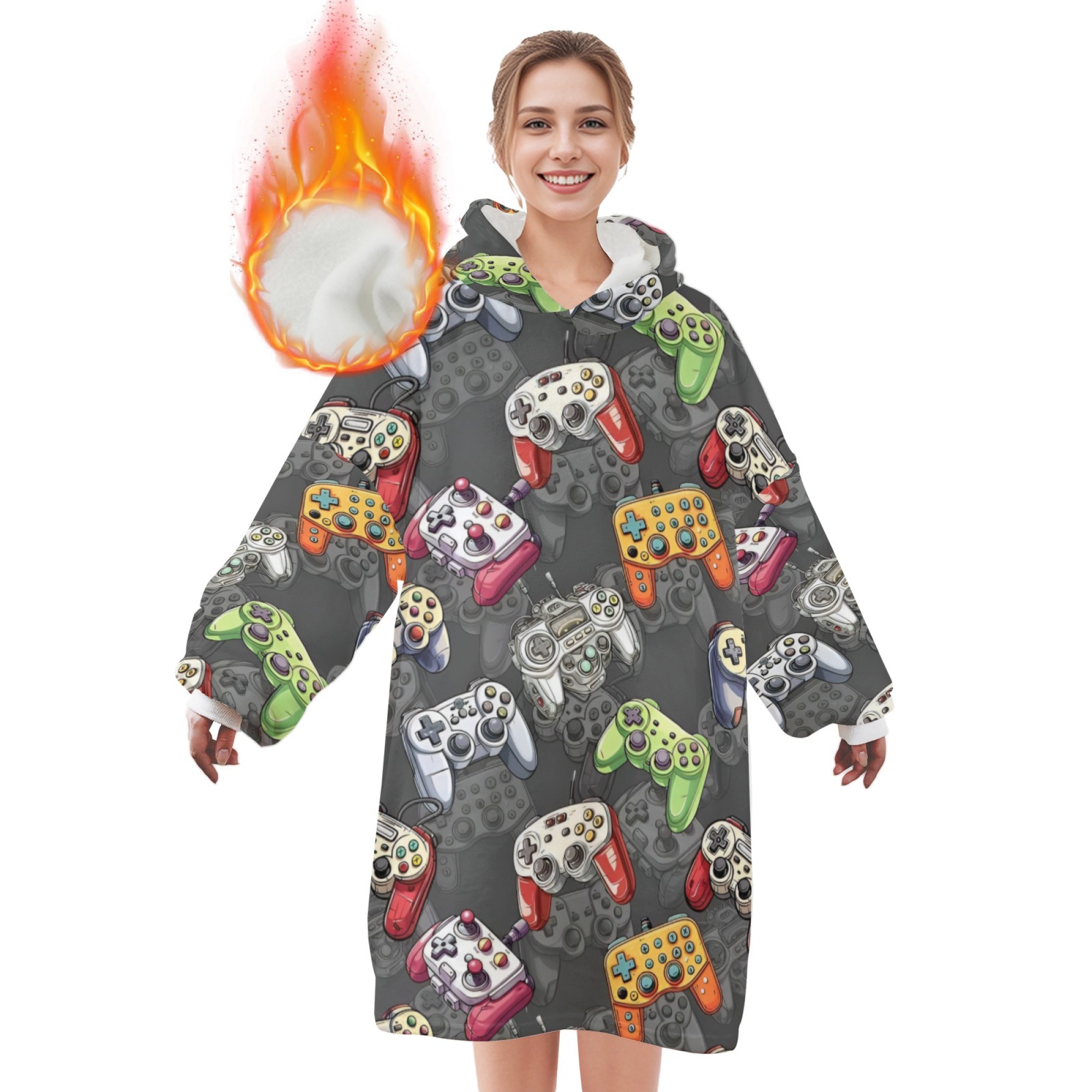 TEMU Printed Flannel Wearable Blanket, Loose Fit Thickened And Warmed Fabric Men's & Women's Homewear Hoodie Pajamas Machine Wash Christmas Valentine