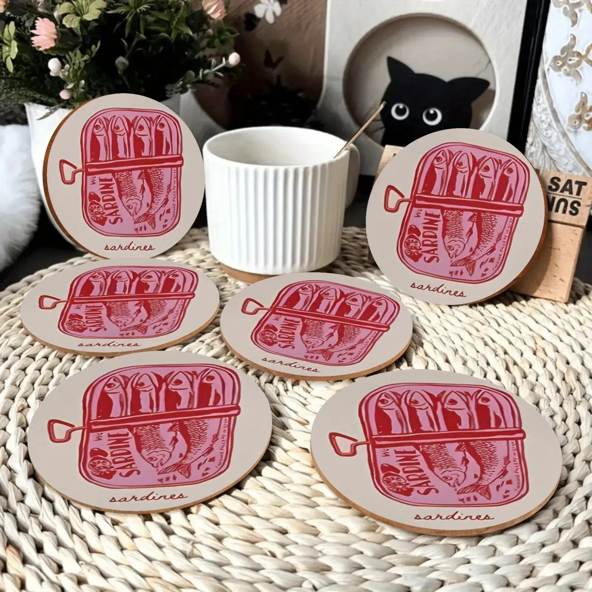 TEMU 6pcs Set Wood Sardine Coasters - Vintage Sardine Can Label Design With Labeled Sardine Types (, Mackerel, Tuna), Cute Table Protectors For,