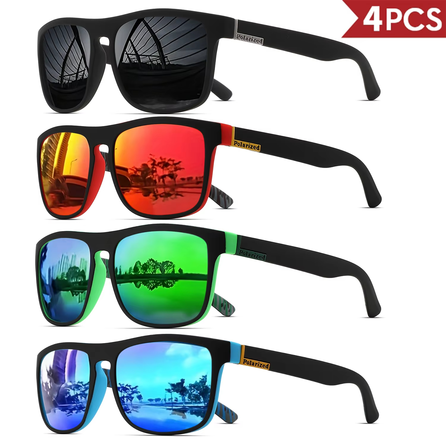 TEMU 4pcs Men's Classical Square Polarized Sports Sunglasses Lightweight Uv400 For Driving Fishing Cycling Unisex Durability