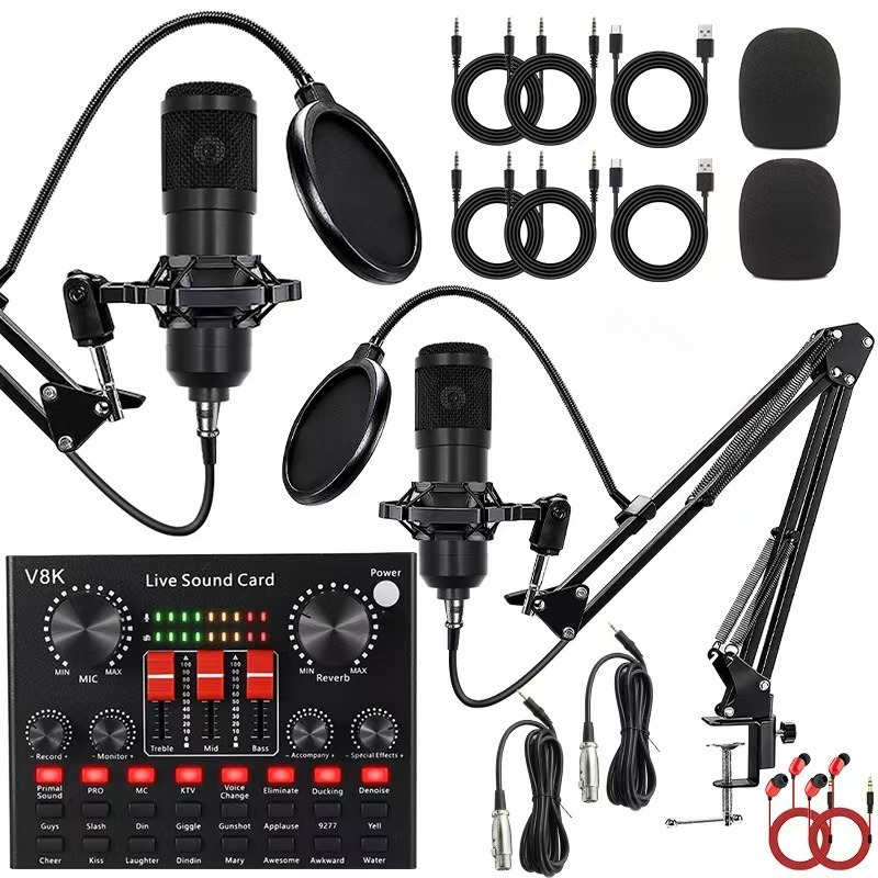 

Complete Professional Podcast Kit With Condenser Mic, Over-ear Headphones & Dual Audio Interfaces - Golden/black, Aluminum Alloy, Rechargeable Battery, Usb Compatible, 3.5mm Jack